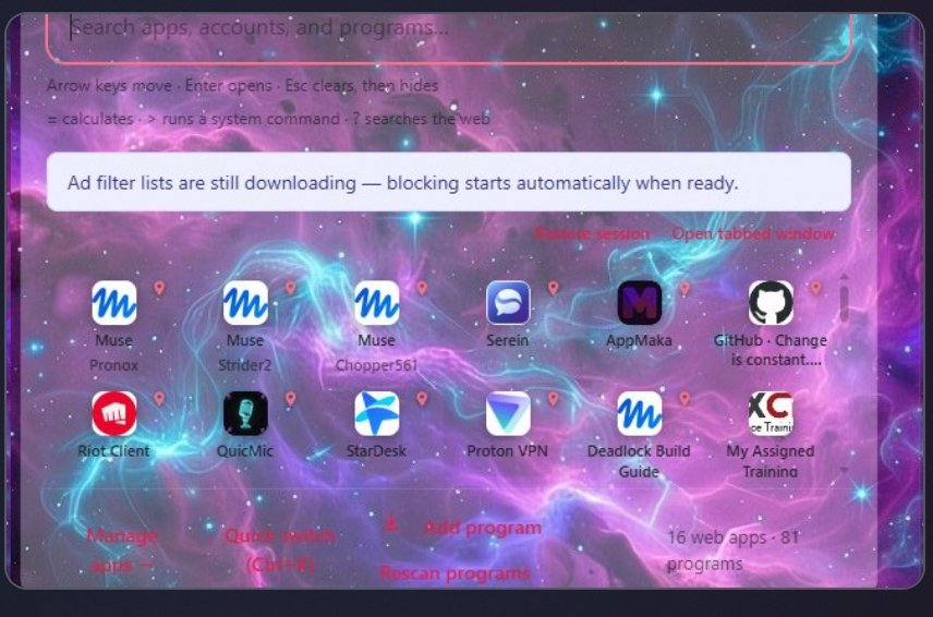 The AppMaka launcher as its creator actually runs it: a cosmic-themed overlay listing Muse, Serein, AppMaka, GitHub, Riot Client, QuicMic and more — 16 web apps, 81 programs