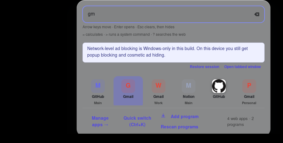 AppMaka's launcher overlay with 'gm' typed — fuzzy search filtered the account grid to Gmail, Notion and GitHub entries